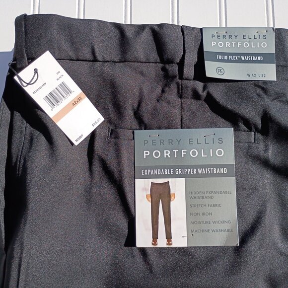 PERRY ELLIS Dress Pants Mens 42 x 32 Black Slacks Folio Flex Waistband Portfolio - Picture 7 of 15